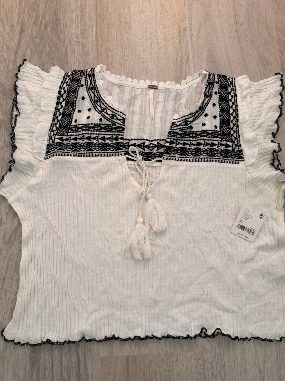 Boho Free People NWT Embroidered White Tassel Women's Top XS $68